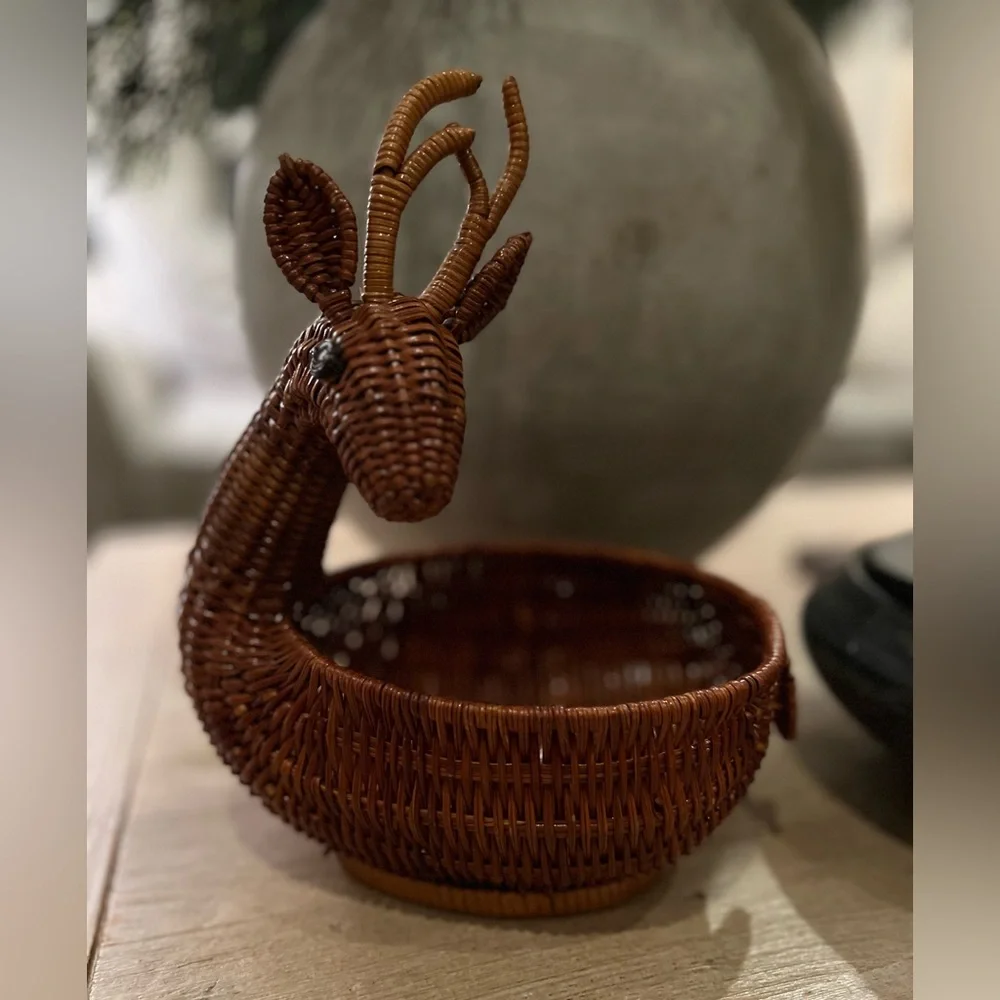 Vintage Deer Reindeer Basket - Brown Cottage Basket - Woodland Animal Wicker